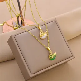 Cute Design White Green Swan Pendant Necklace Gold Plated Stainless Steel Jewelry for Women Gift