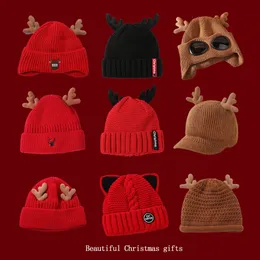 Christmas Hat Autumn and Winter New Red Knitted Hat Women's Antlers and Velvet Warm Woolen Hat
