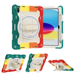 Crossbody Strap Rainbow Color Colicone Case for iPad 10th 10.9 '' 360 Rotating Hand Strap 3 in 1 Comple Protection Protection Remor Rechstand Shell مع فتحة القلم