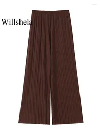 Women's Pants Woemn Fashion Tulle Brown Pleated Wide Leg Vintage High Elastic Waist Full Length Female Chic Lady Trousers