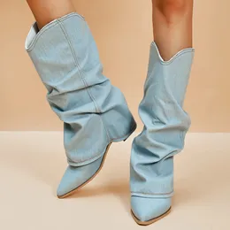 Boots Pleated Blue Denim Cowboy for Women Autumn Thick Heels Pointed Toe Western Woman Slip On MidCalf Botas Mujer 231026