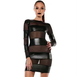 Casual klänningar sexiga kvinnor våt utseende pvc mesh insats bodycon clubwear mode svart långärmad vinyl läder klänning vestidos kleid r302t