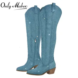 Женские ботинки Onlymaker с острым носком, синие стразы, выше колена на массивном каблуке, модные женские блестящие ботинки ручной работы 231025