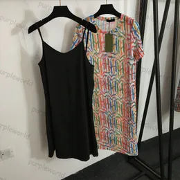 Vestido feminino de duas peças com estampa de letras coloridas vestido de manga curta casual com forro nas costas