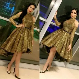 2023 Gold Sequins Evening Dresses Long Sleeves High Neck High Low A Line Sash Custom Made Formal Occasion Wear Arabic Prom Gown vestidos