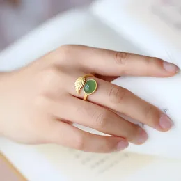 Cluster Rings Green Jade Leaf Fashion Accessories Chinese Adjustable Ring Gemstones Women Amulets Jewelry Natural 925 Silver Amulet