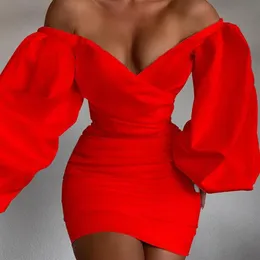 Casual Dresses Elegant Off-Shoulder Satin Mini Dress For Women Puff Sleeve Solid Color Backless Bodycon Sexy Party 2021237O