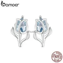 Stud Bamoer 925 STERLING Gümüş Lale Kulak Saplamalar Açık Mavi Kristal Çiçek Küpe Kadınlar için Doğum Günü Hediyesi Romantik Güzel Takılar YQ231026