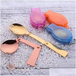 Spoons Folding Spoon Rose Gold Stainless Steel Portable Outdoor Cam Tableware With Plastic Box Buckle Za6321 Drop Delivery Home Garden Dh3Uy