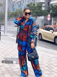 Women's Two Piece Pants Fashion Print 2 Piece Pants Sets Women Elegant Long Sleeve Blouses Wide Leg Pants Set Tracksuits Outfits Female Two Piece Suits 231026