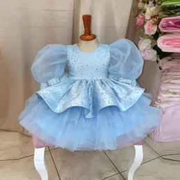 Flickaklänningar Sky Blue Puffy Short Hermes Glitter Satin med Bow Wedding Dress for Girls Tiered Elegant Christmas Birthday Prom Gown 2024