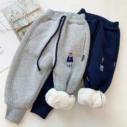 Calças de inverno bebê menino menina lã grossa outono crianças bordado urso quente calças esportivas algodão elástico sweatpant