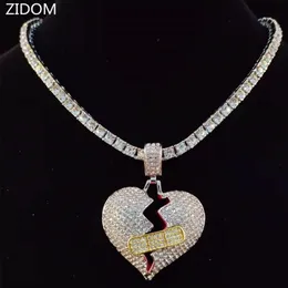 Collana con ciondolo cuore spezzato da uomo Hiphop con catena da tennis da 5 mm Gioielli bling ghiacciati Regali di moda maschile Collane315U