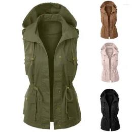 Gilet da donna 2023 Gilet autunnale per donna Giacca militare leggera con coulisse Cappotto senza maniche casual caldo con cappuccio Safari