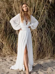 Basic Casual Dresses Elegant Loose Midi Dress Women 2022 Cotton Linen Long Dress Deep V-Neck Lantern Sleeve Split Vacation Beach Slit Lady Vestidos T231026