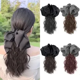 Syntetiker Long Wavy Claw Clip on Black and White Check Bow Tail Hair For Women Tail Hairpiec 231025
