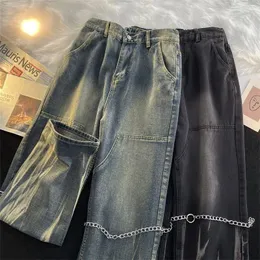 Erkek kot pantolon hiphop bahar sonbahar düz denim pantolon gevşek kravat boyası geniş bacak cepleri kovboy zincir pantolon