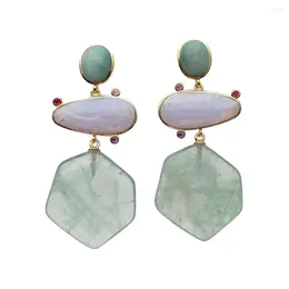 Dangle Earrings KKGEM 23x25mm Hexagon Shape Green Amethyst Prasiolite Amazonite Lace Agate Stud