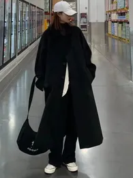Women's Wool Blends Women Elegant Black Casual Single Breasted Woolen Coats Lady Korean BF Turn Down Collar Oversize Winter Thick Warm Long Coats 231026