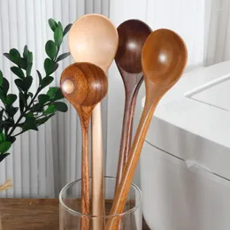 Spoons 1Pcs Long Spoon Wooden Korean Style Natural Wood Handle Round For Soup Cooking Mixing Stir Dessert