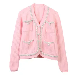 1020 2023 Runway Autumn Brand gleicher Sweater Langarm V Hals Pink Schwarz weiß Strickjacke Mode Kleidung hochwertige Frauen Mingmo