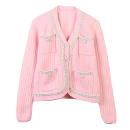 1020 2023 Runway Otoño Marca Mismo estilo suéter de manga larga con cuello en V rosa negro blanco Cardigan ropa de moda de alta calidad para mujer mingmo