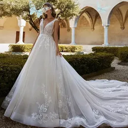 V فستان الزفاف في العنق الوهم الدانتيل الدانتيل A-line الأزهار العباءات الزفاف Vestidos de Novia بالإضافة إلى الحجم