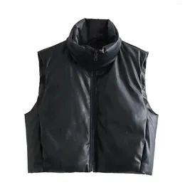 Women's Vests Black Faux Leather Vest Padded Sleeveless Jackets 2023 Autumn Winter Gilet Korean Fashion Vintage Stylish Casual Chic
