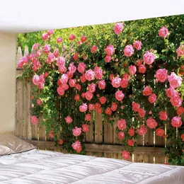 Tapestries Tapestry Resthetics Spring Flower Flower Fence Pink Rose Plant Wall Window Window Calform Natural Scenery Home Decoration 231026