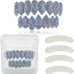 Hip Hop Iced Out CZ Lab Diamant Aquamarin Zirkon Trippie Redd 14 Vampire Grillz Oben und Unten für Männer Körperschmuck334F