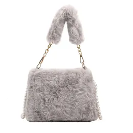 Evening Bags ISKYBOB Women Plush Bag Autumn Winter Underarm Bag With Artificial Pearls Long Chain Crossbody Bag Fashion Small Square Bag 231026