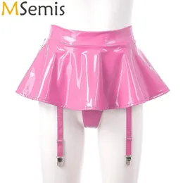 Sexig kjol Sexig kvinnors minikjol inbyggda strumpor strumpeband glansigt patentläder rufs metallklipp shorts miniskirt för poldans 231025