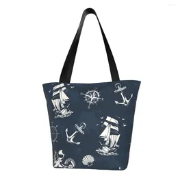Shopping Bags Reusable Vintage Nautical Symbol Bag Women Shoulder Canvas Tote Durable Sailor Anchor Compass Grocery Shopper