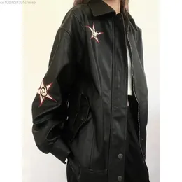 Women's Leather Faux Leather Women Y2k Fashion Star Embroidered Zip up Leather Jacket Female Black Motorcycle Bomber Jacket Harajuku Hip Hop Grunge Y 2k Top 231026