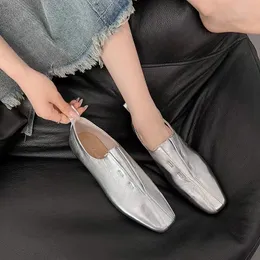 Dress Shoe Flat Genuine Leather Sheepskin Comfort Flats Slip On Silver Beige Simple Spring Autumn Soft Loafers Square Toe 231026