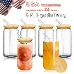 US CA Warehouse 2 أيام التسليم 12oz 16oz تسامي الزجاج Can Tumbler Frosted Cola Can Bamboo Lid Cocktail Cup Cup Whisky Coffee Jar I1026