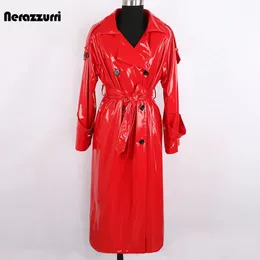 Kvinnors jackor Nerazzurri Autumn Long Red Waterproof Shiny Reflective Patent Leather Trench Coat for Women Double Breasted Plus Size Mode 231025