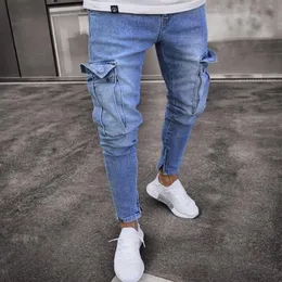 Mens Jeans Ripped Pocket Blue Solid Color Denim Pants Mens Slim Fashion High Street Biker Jeans Male Long Trousers Pencil Pants JE320H