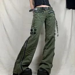 Jeans femininos calças femininas gótico punk baggy vintage kawaii calças bandagem cintura baixa calças de carga grunge verde zíper jeans coreia sweatpants 231026