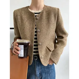 Women's Jackets Women's Single Button Tweed Crop Jacket Brown Gray Short Blazer 231026