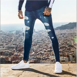 EBaihui streç yırtık pantolonlar erkek düz renk jean yeni moda ince kalem pantolon seksi gündelik delik yırtılmış tasarım sokak kıyafeti kot pantolon 1227l