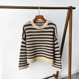 Suéteres de mujer 2023 Otoño e Invierno suéter de Cachemira a rayas de contraste suelto versátil de manga larga con cuello redondo para mujer