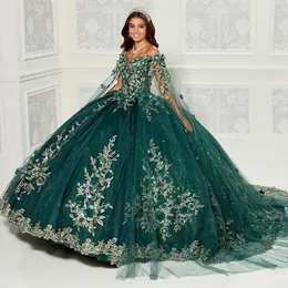Sparkly Emerald Green Ball Gown Quinceanera Dresses With Cape Flowers Appliques Crystals Sweet 16 Dress Vestidos de 15 Anos