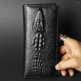 Brieftaschen Top -Qualität Herrenkrokodilkopf schwarzer echtes Leder lange Geldbörseschachtel