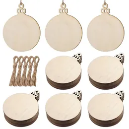 Christmas Decorations 50pcs Wood Craft Pendants Ball Designed Hanging Tags Unfinished Blank Wooden Ornaments with Hemp Rope 231026