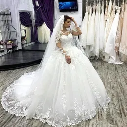 Wunderschöne Lace Ball Brautkleider sexy neue 3D Blumen -Pailletten Pailletten Perlen Sweep -Zug MADE MADEL LANGE SCHNEEVES ARABISCHE MUSLIM MEISLIM JEGING BRIDAL Kleid 403