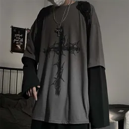 Estilo gótico gótico topos punk manga longa ment-camisa japonês streetwear moda coreano oversized y2k topos 210721224m