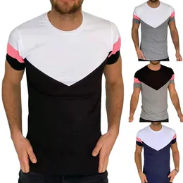 Summer Oversized T-Shirt Patchwork Men's Clothing Fitness Body Building Fashion Slim Breathable Short Sleeve3588
