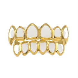Ny hiphopanpassad fit Grill Six Hollow Open Face Gold Mouth Grillz Caps Top Bottom With Silicone Vampire Teeth Set237n