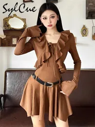 Casual Dresses Sylcue Brown Ruffled Simple Soft Thin Elegant Mature Beautiful Gentle Sister Säkra kvinnors Autumn Pleated A-Line Dress